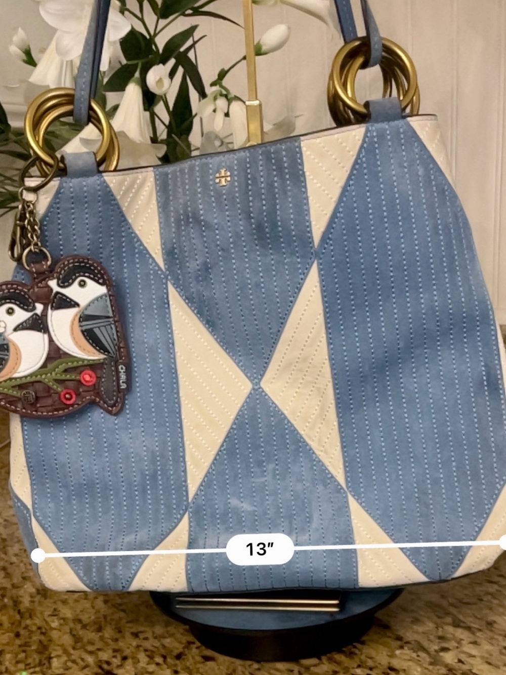 Tory Burch Patchwork suede blue and white Farrah tote - Picture 8 of 16